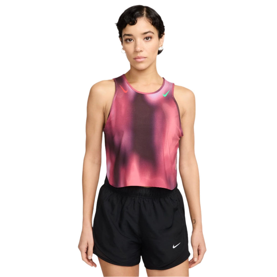 Nike Womens Faith Kipyegon Aeroswift Dri-FIT ADV Cropped Running Tank Top - Rush Fuchsia/Burgundy Crush/Green Sock