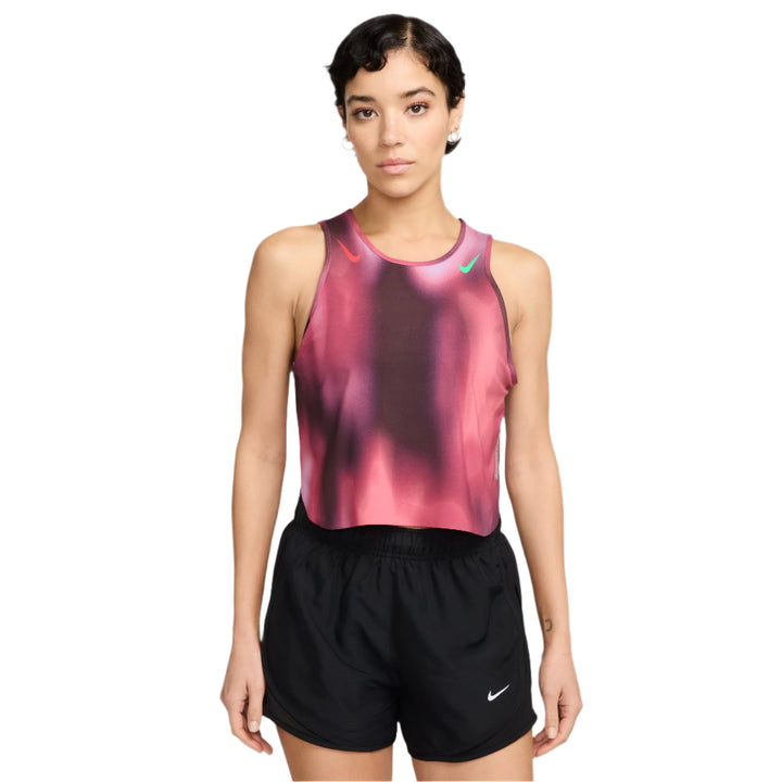 Nike Womens Faith Kipyegon Aeroswift Dri-FIT ADV Cropped Running Tank Top - Rush Fuchsia/Burgundy Crush/Green Sock
