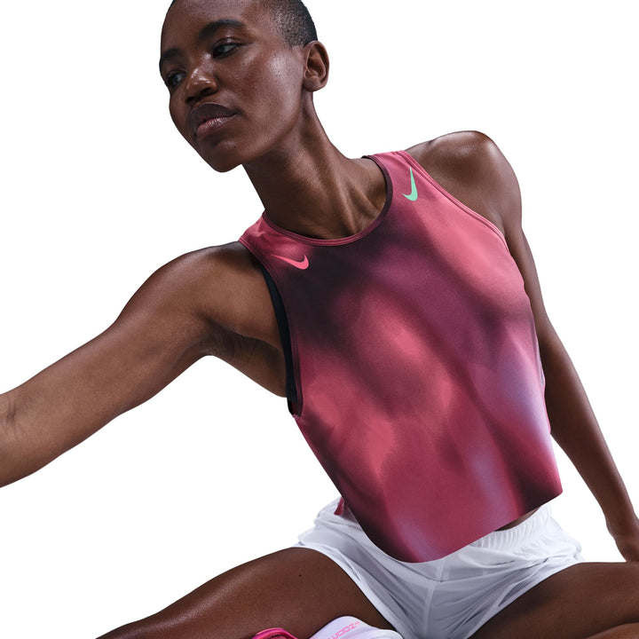 Nike Womens Faith Kipyegon Aeroswift Dri-FIT ADV Cropped Running Tank Top - Rush Fuchsia/Burgundy Crush/Green Sock