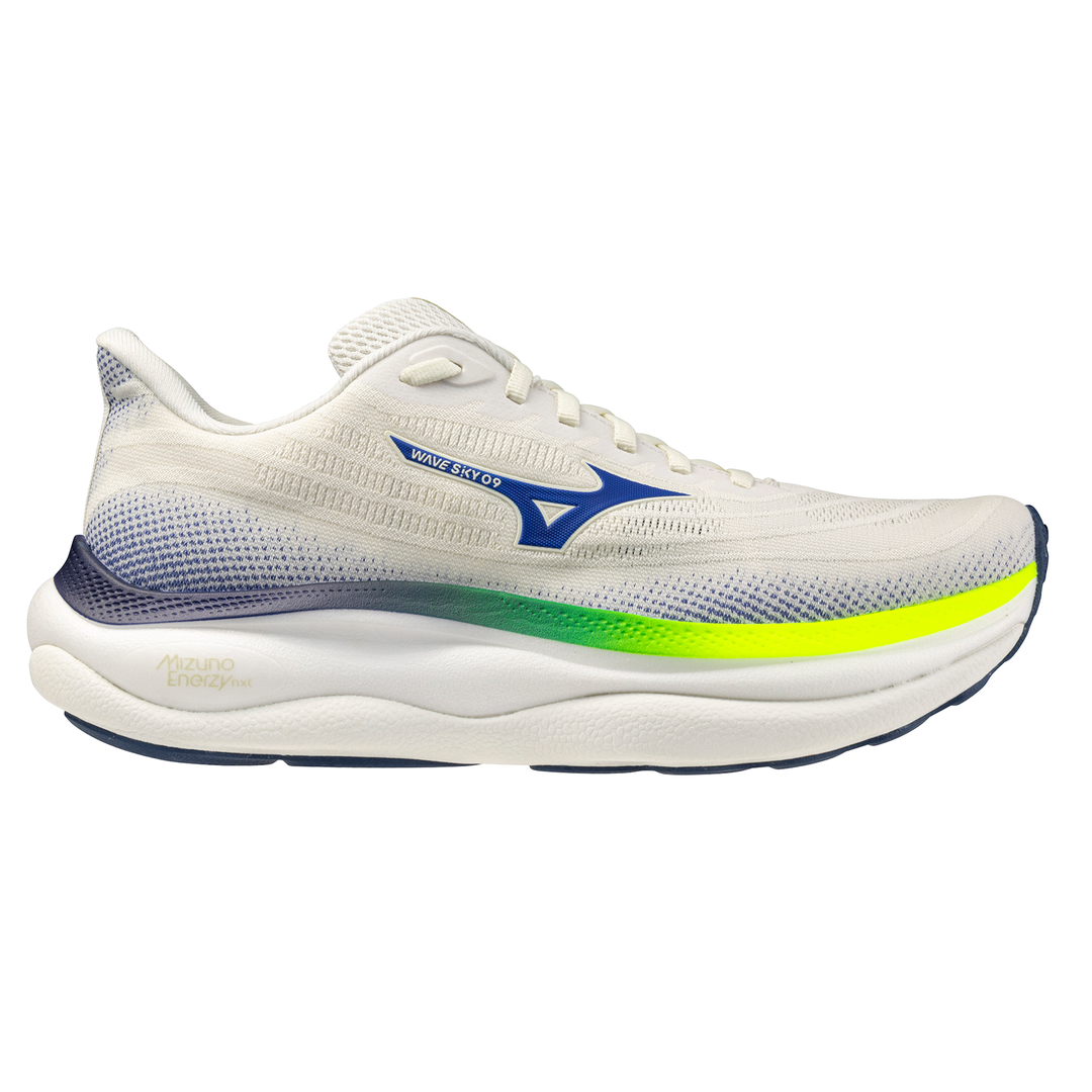 Mizuno Herren Wave Sky 9 – Schneeweiß/Surf im Internet/Blitzgelb – Neutral – SS26