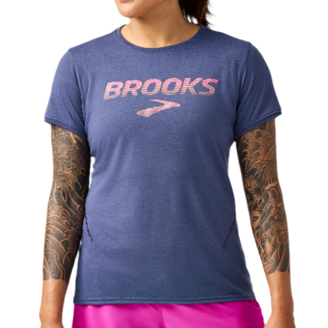 Brooks Womens Distance Short Sleeve 3.0 - Heather Nightshadow/Brooks Speed Logo