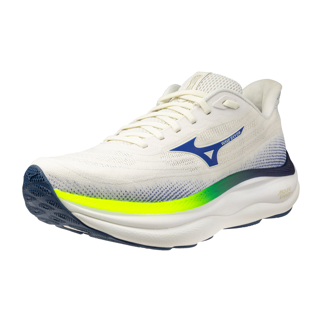 Mizuno Herren Wave Sky 9 – Schneeweiß/Surf im Internet/Blitzgelb – Neutral – SS26