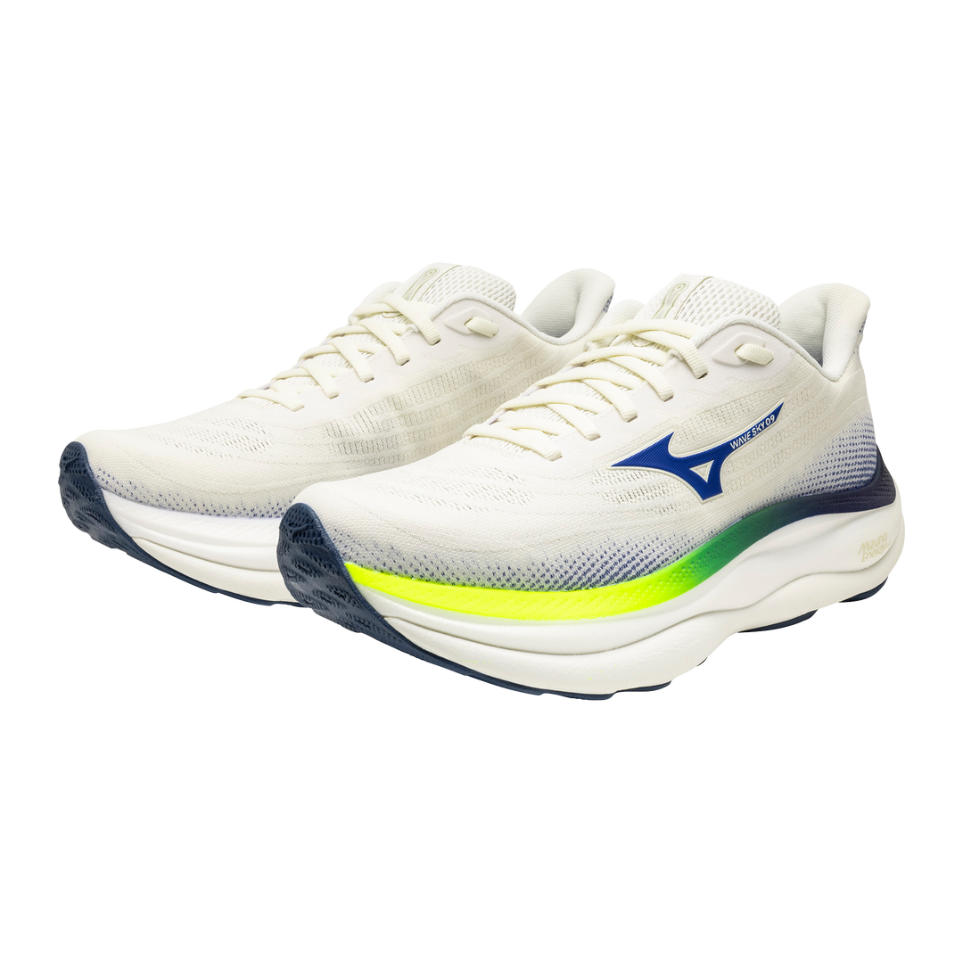 Mizuno Herren Wave Sky 9 – Schneeweiß/Surf im Internet/Blitzgelb – Neutral – SS26
