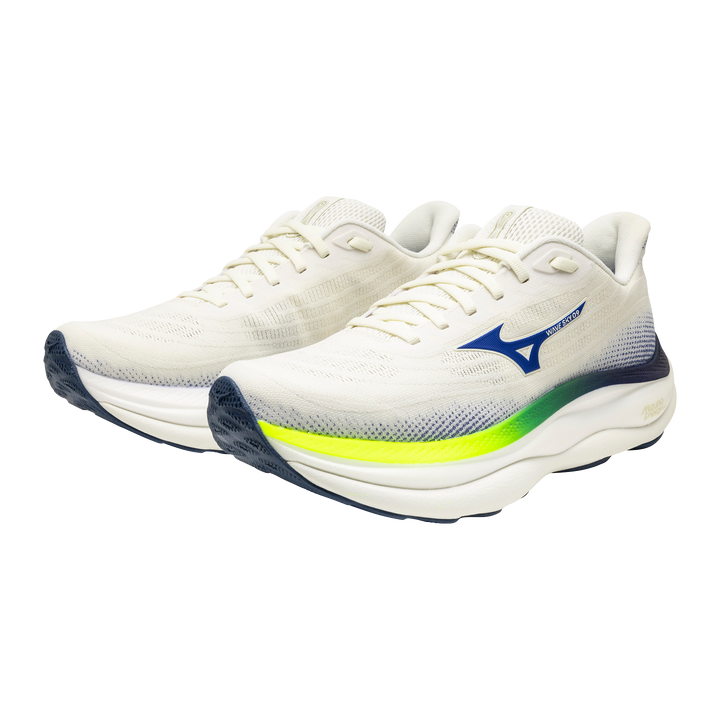 Mizuno Herren Wave Sky 9 – Schneeweiß/Surf im Internet/Blitzgelb – Neutral – SS26