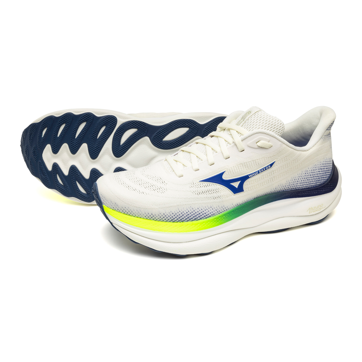 Mizuno Herren Wave Sky 9 – Schneeweiß/Surf im Internet/Blitzgelb – Neutral – SS26