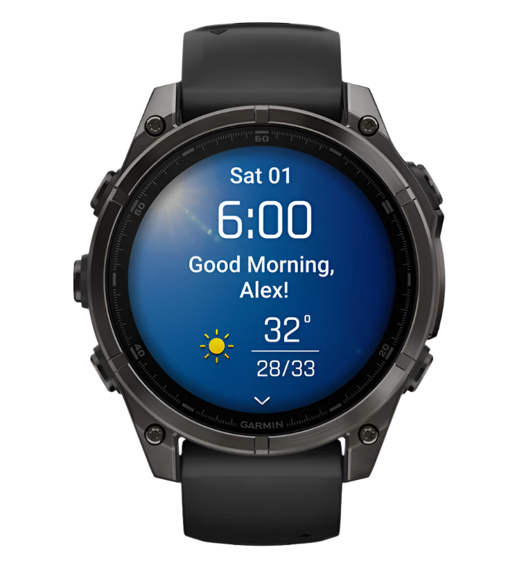 Garmin Fenix 8 – 47 mm, AMOLED – Saphir, Carbon Grey DLC Titanium mit schwarzem/kieselgrauem Silikonarmband