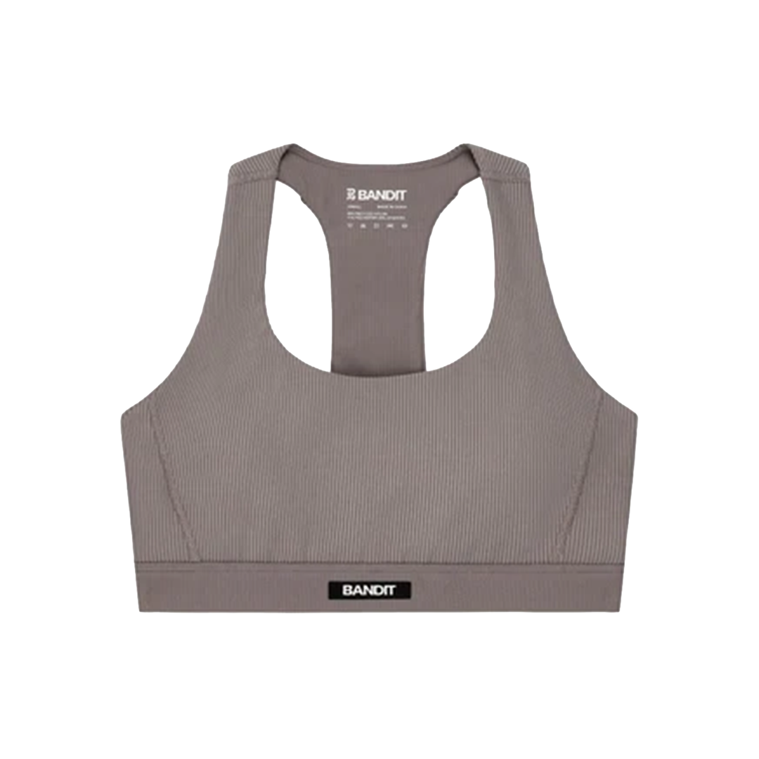 Bandit Womens Striped Cadence Scoop Neck T-Back Run Bra - Concrete Taupe/Cocoa - AW26