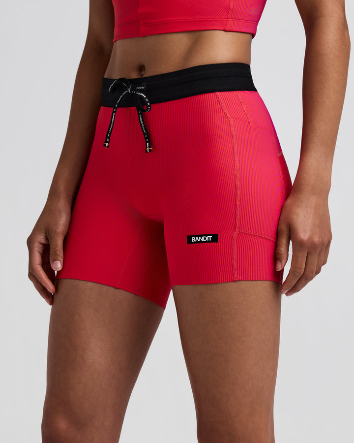 Bandit Womens 5” Striped Cadence Compression Shorts  - Poppy/Azalea - AW26