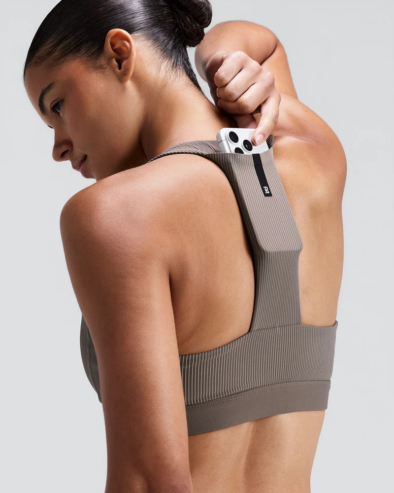 Bandit Womens Striped Cadence Scoop Neck T-Back Run Bra - Concrete Taupe/Cocoa - AW26