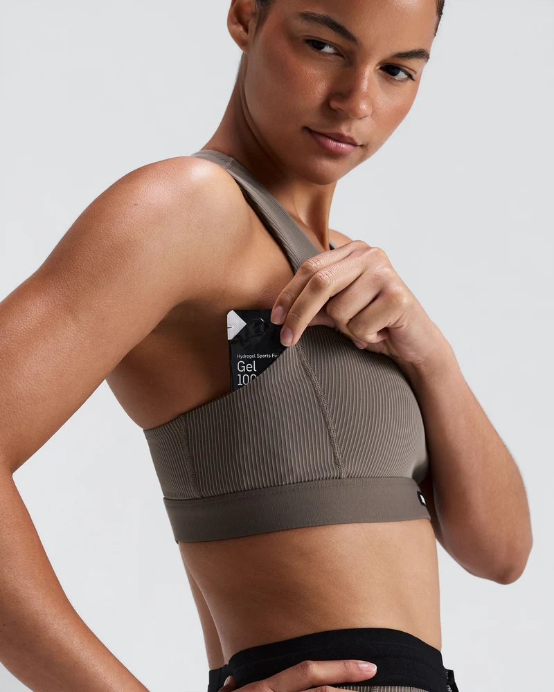 Bandit Womens Striped Cadence Scoop Neck T-Back Run Bra - Concrete Taupe/Cocoa - AW26