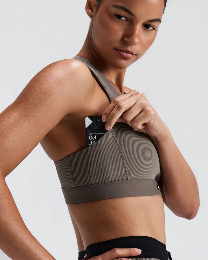 Bandit Womens Striped Cadence Scoop Neck T-Back Run Bra - Concrete Taupe/Cocoa - AW26