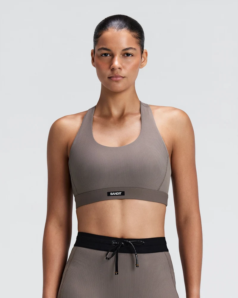 Bandit Womens Striped Cadence Scoop Neck T-Back Run Bra - Concrete Taupe/Cocoa - AW26