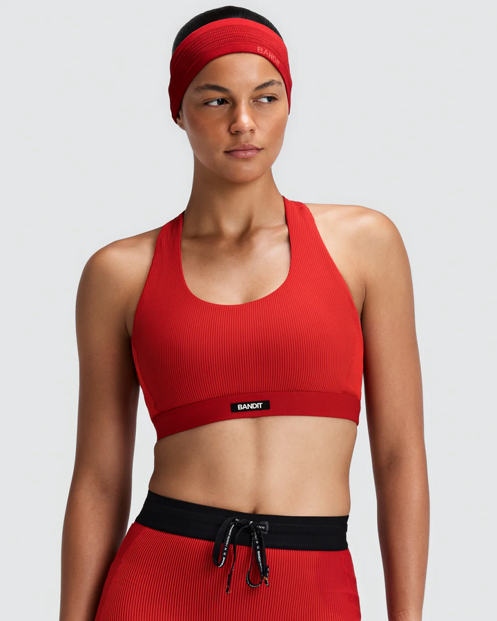 Bandit Womens Striped Cadence Scoop Neck T-Back Run Bra - Oxide Red/Signal Red - AW26