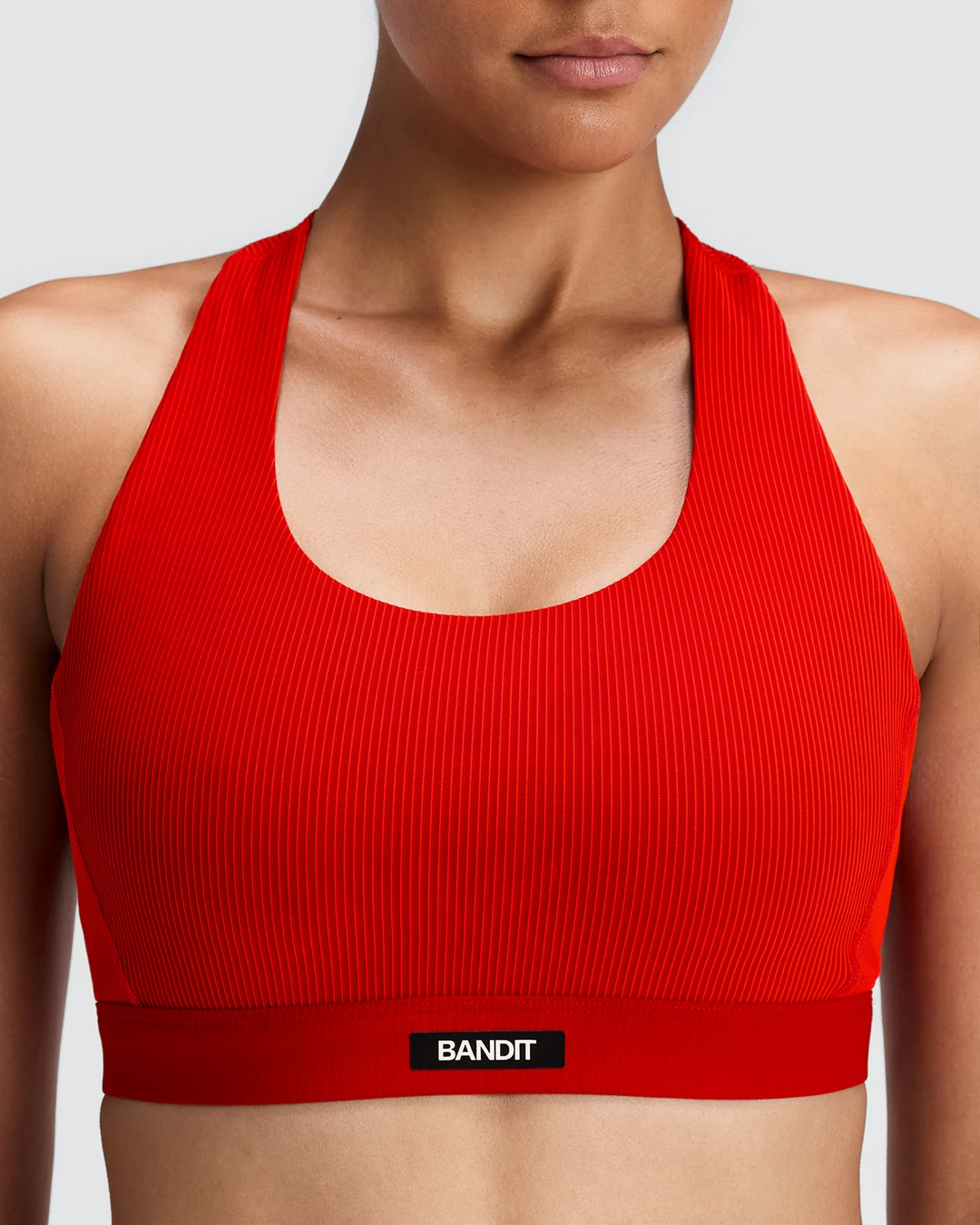 Bandit Womens Striped Cadence Scoop Neck T-Back Run Bra - Oxide Red/Signal Red - AW26