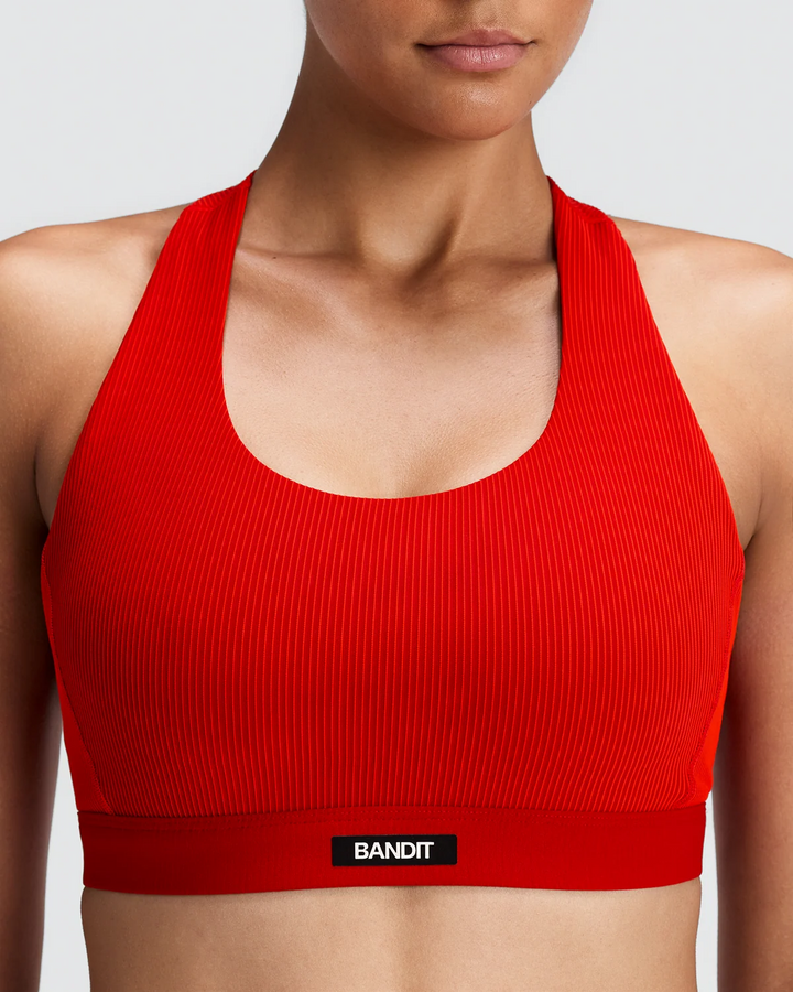 Bandit Womens Striped Cadence Scoop Neck T-Back Run Bra - Oxide Red/Signal Red - AW26